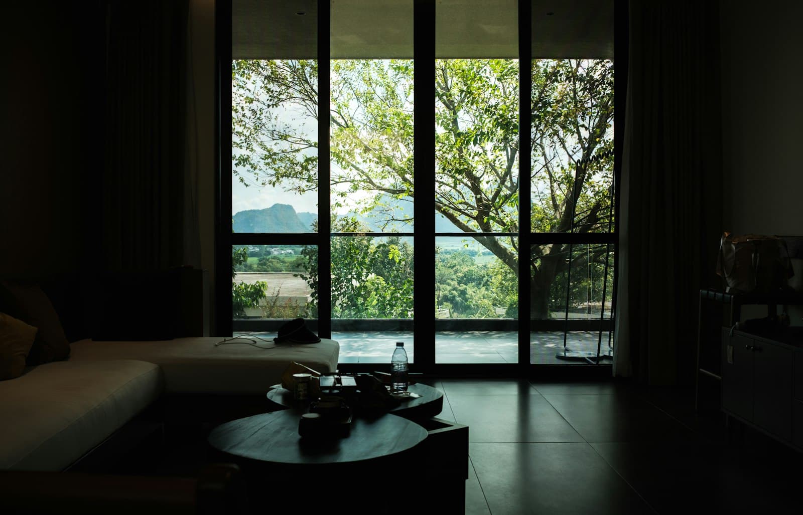 Quiet dark room with a large window overlooking trees